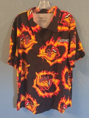 Beatbox Embroidered Men's Black Flame Graphic Button-Down Shirt
